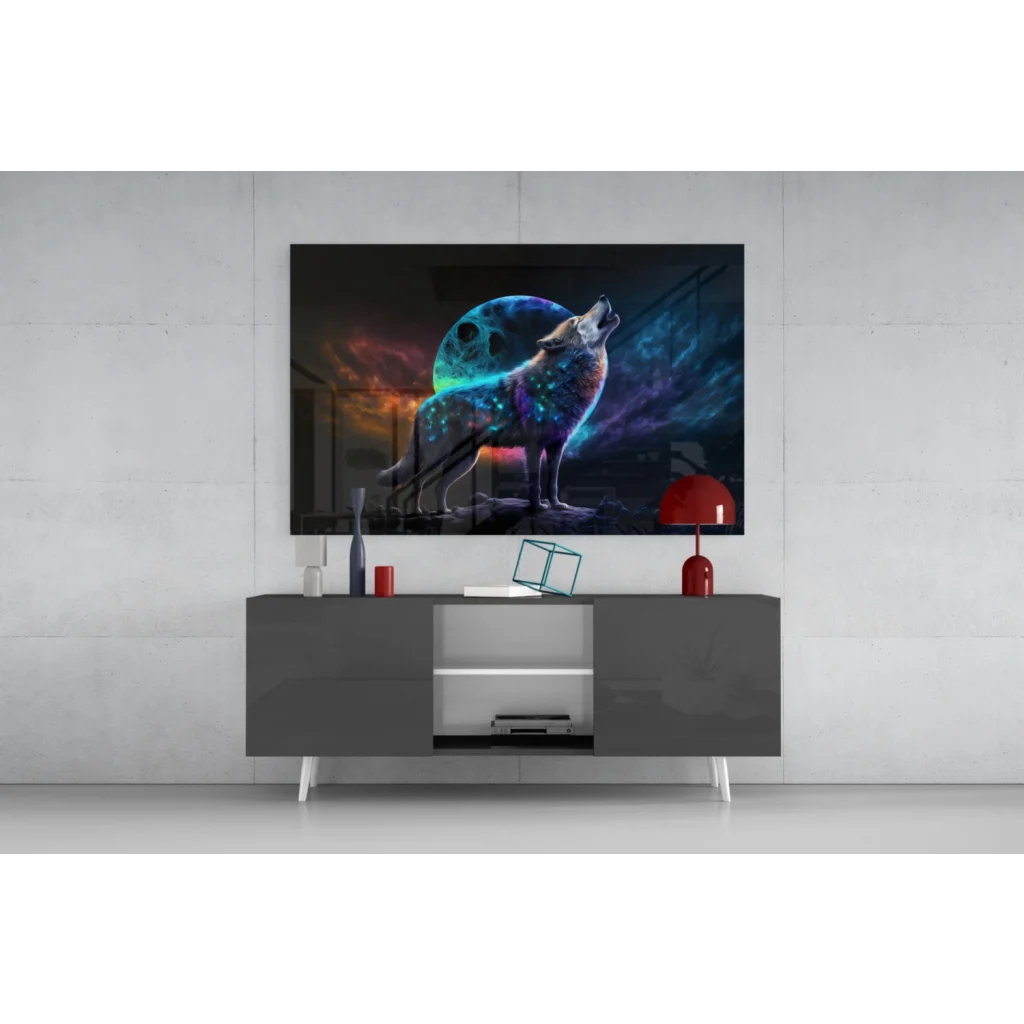 Cosmic Wolf Galaxy wall art with glowing celestial patterns