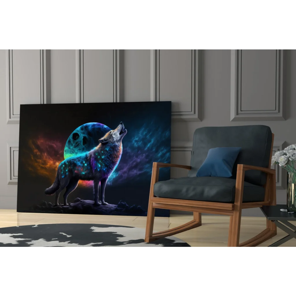 Howling cosmic wolf wall art with glowing fur on swirling nebula backdrop