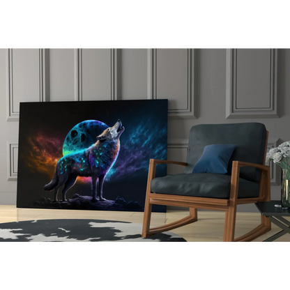 Howling cosmic wolf wall art with glowing fur on swirling nebula backdrop