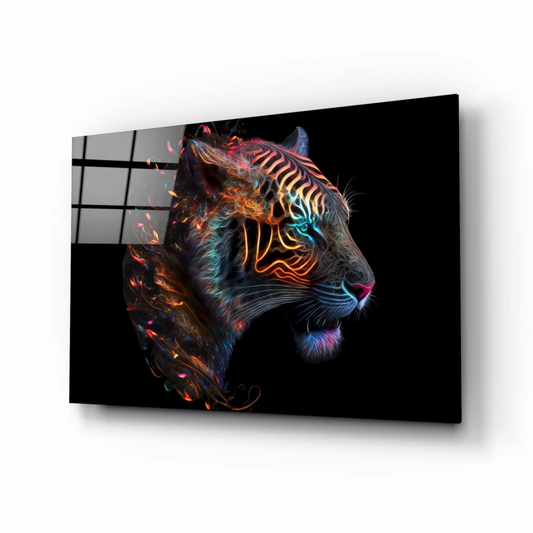 Glowing neon tiger glass wall art on electric canvas with orange, blue, pink lines