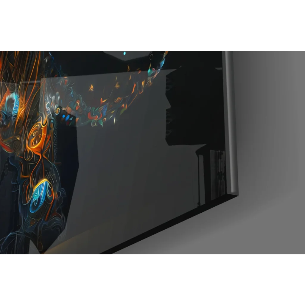 Sleek black-framed TV showing Neon Tiger Circuit wall art with swirling orange blue neon patterns