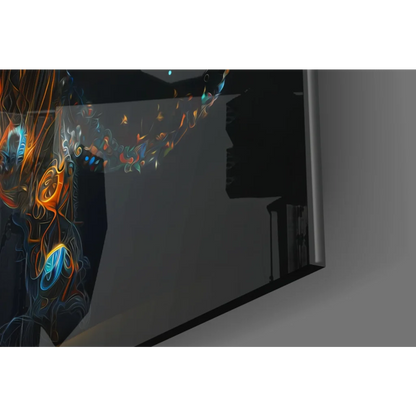 Sleek black-framed TV showing Neon Tiger Circuit wall art with swirling orange blue neon patterns