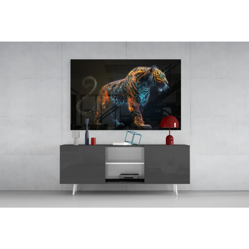 Neon tiger in glowing orange blue lines on black TV, glass wall art