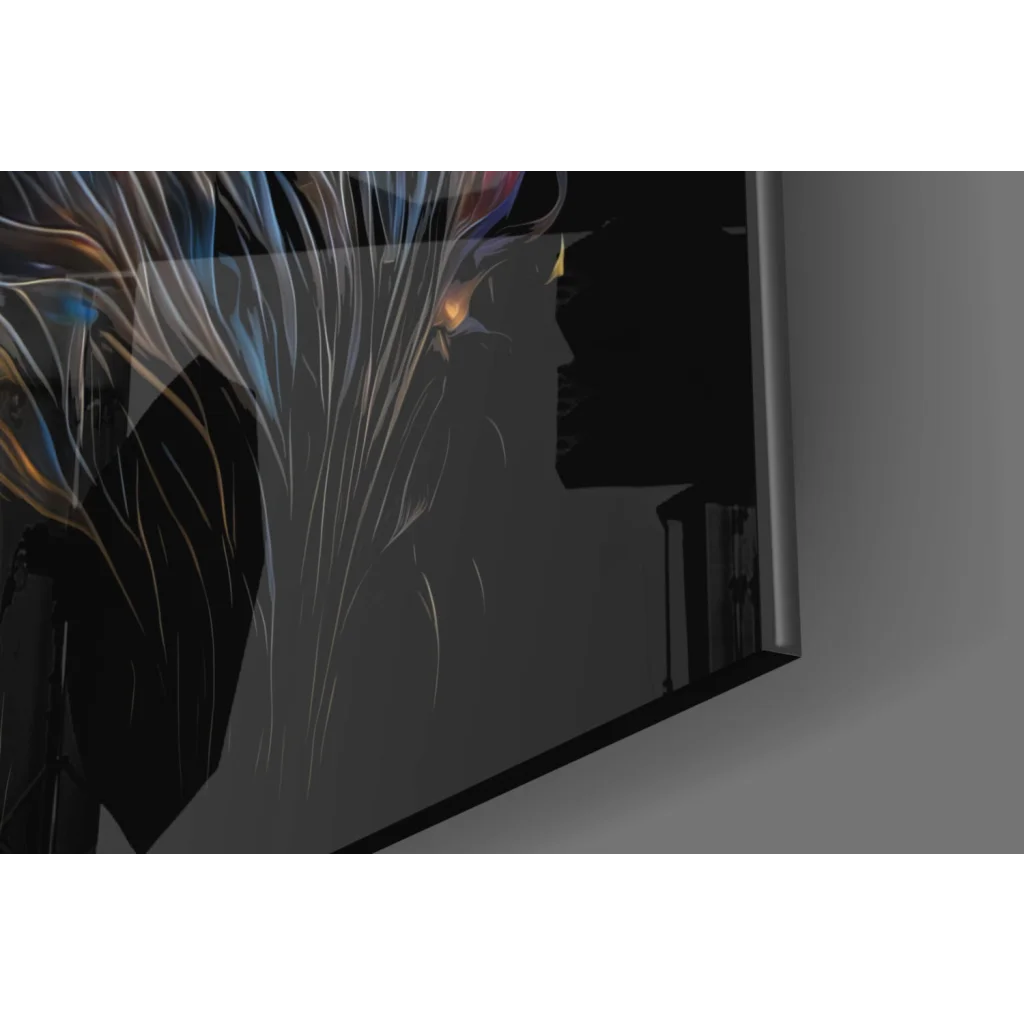 Sleek anime glass wall art with silver-blue hair and fiery mane lion