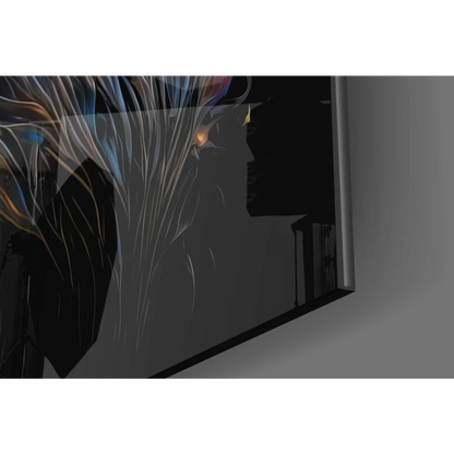Sleek anime glass wall art with silver-blue hair and fiery mane lion