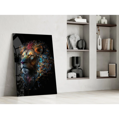 Vibrant neon rainbow lion glass wall art with glowing accents