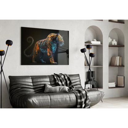Vibrant neon tiger glass wall art with orange cyan glow on black canvas