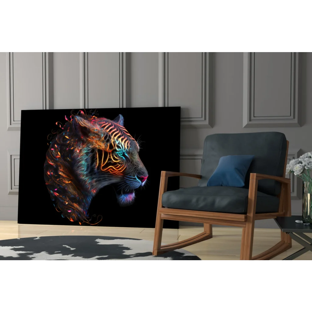 Vibrant neon tiger glass wall art with glowing stripes