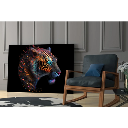 Vibrant neon tiger glass wall art with glowing stripes