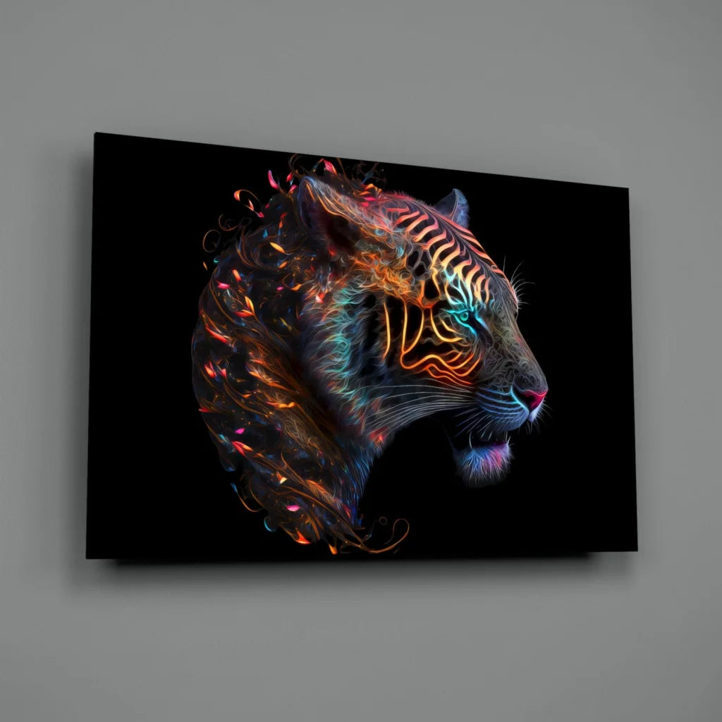 Neon tiger glass wall art canvas glowing in orange blue pink lines