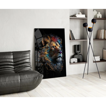 Majestic rainbow lion glass wall art with fiery mane portrait
