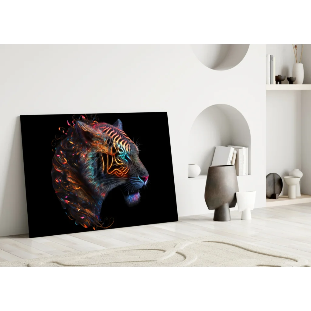 Vibrant neon tiger glass wall art with glowing orange and blue lines on black canvas