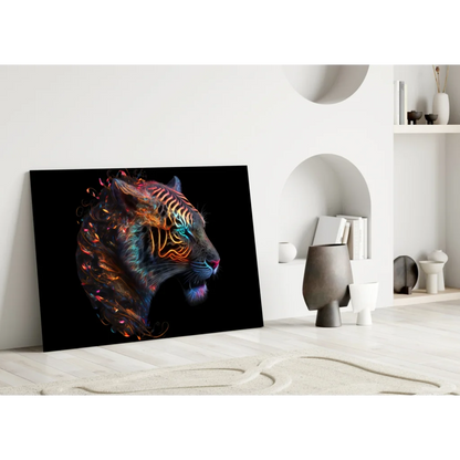 Vibrant neon tiger glass wall art with glowing orange and blue lines on black canvas