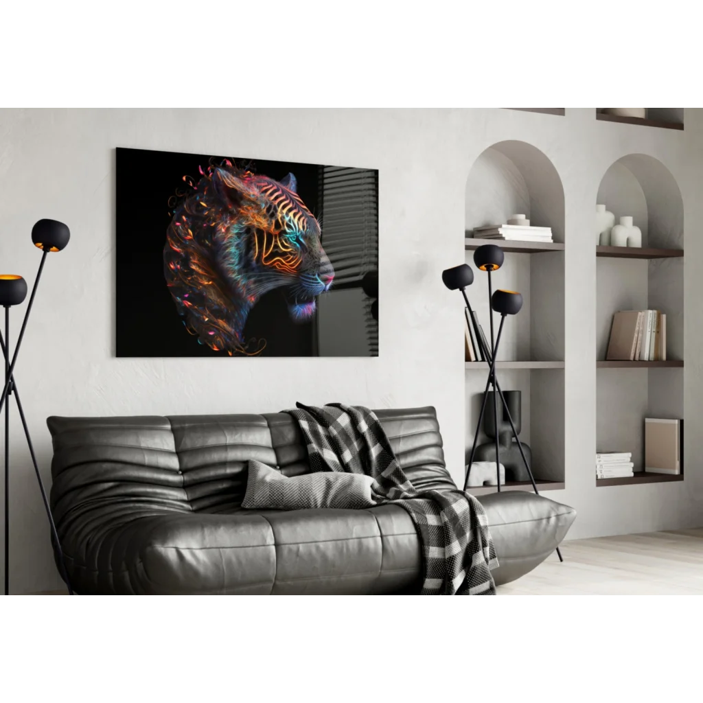 Vibrant neon tiger glass wall art on sleek black wall