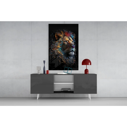 Vibrant abstract lion glass wall art with fiery orange mane on black canvas