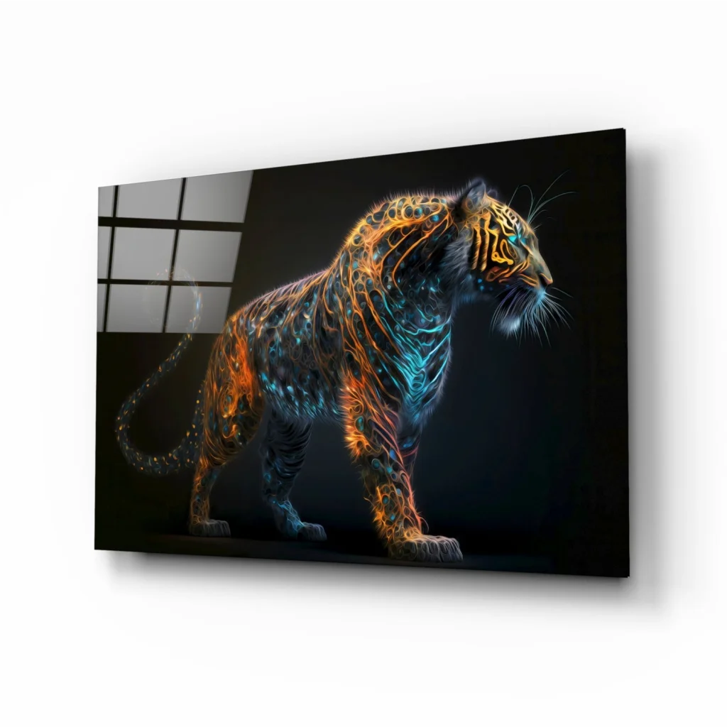 Vibrant neon tiger glass wall art with fiery orange and electric blue glow on dark background