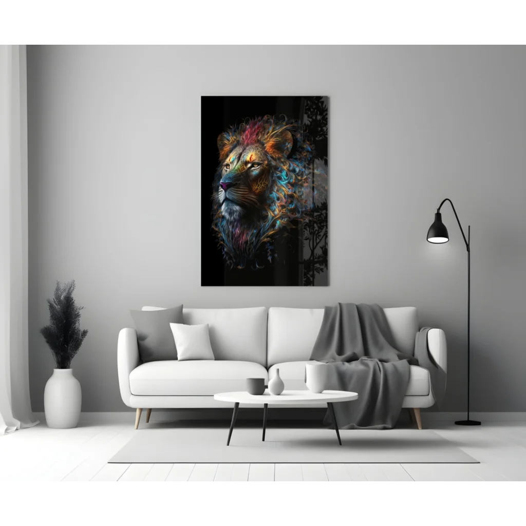 Neon Rainbow Lion Glass Wall Art with Glowing Accents | Modern Wall Art Decor | vintageantiquesgifts.com