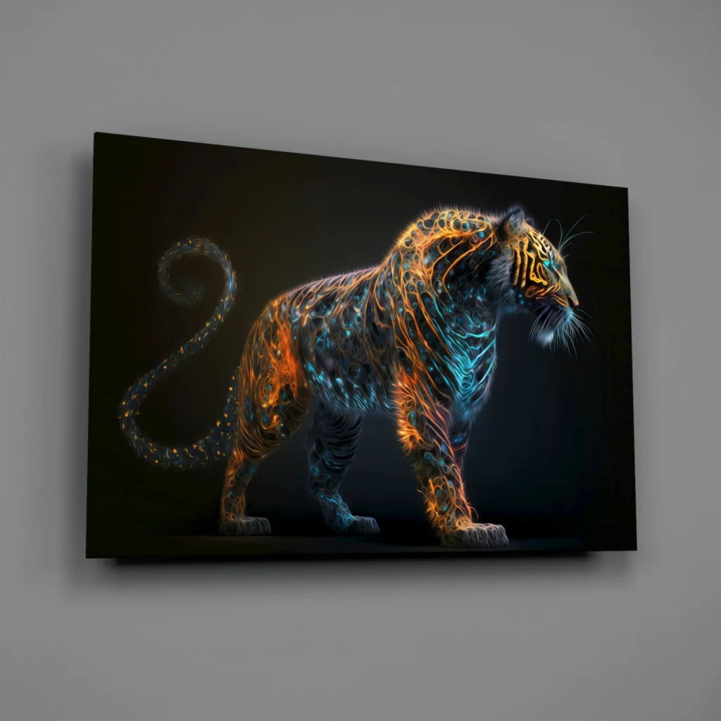 Glowing neon tiger glass wall art with fiery orange and electric blue patterns