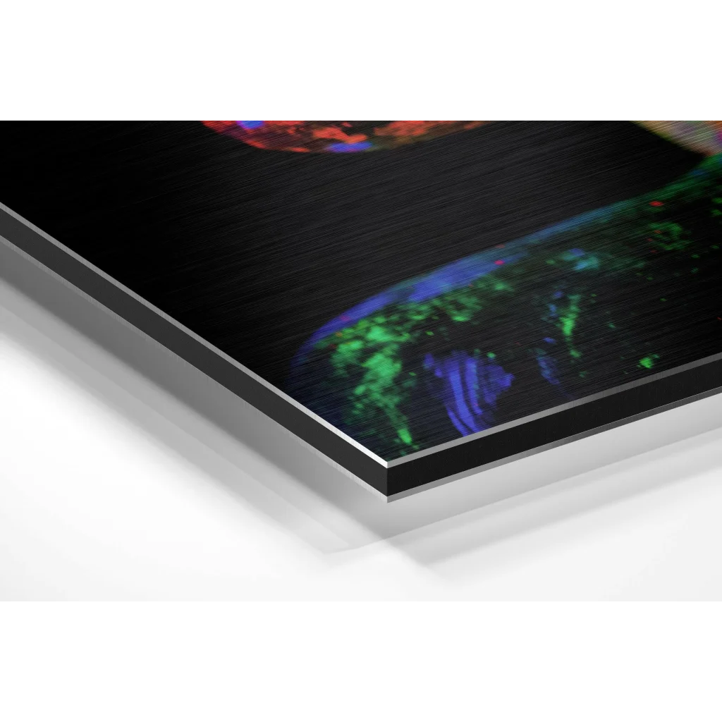 Glowing abstract art on brushed aluminium dibond print with green blue patterns