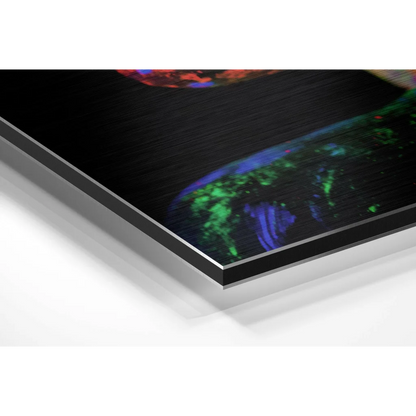 Glowing abstract art on brushed aluminium dibond print with green blue patterns