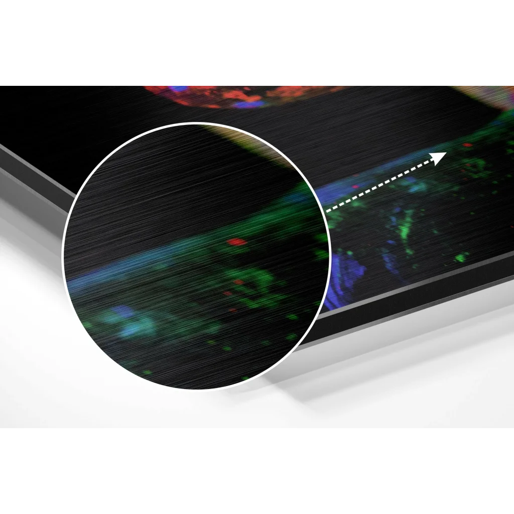 Glowing abstract art on brushed aluminium dibond print with vibrant fluorescent patterns