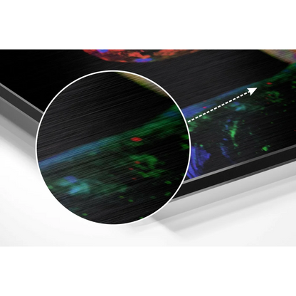 Glowing abstract art on brushed aluminium dibond print with vibrant fluorescent patterns