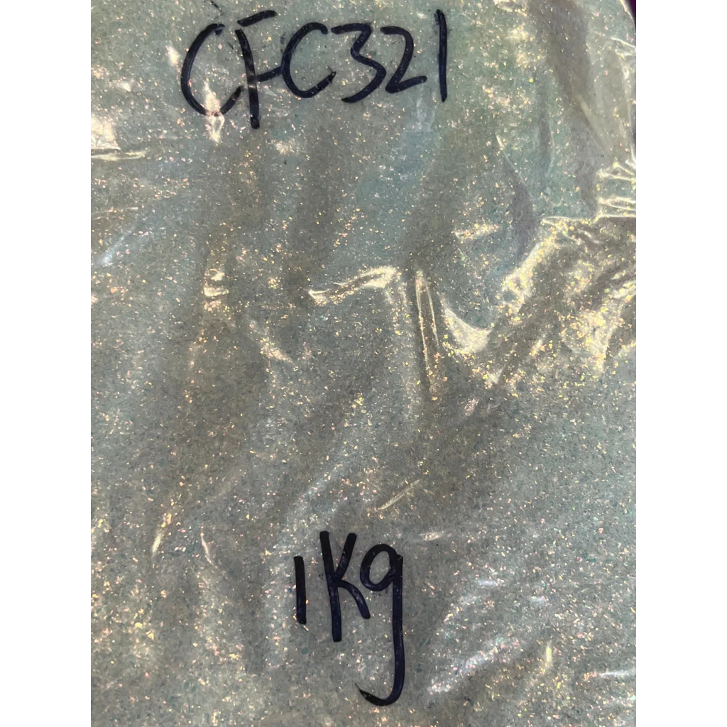 Plastic bag with iridescent white glitter labeled CFC321 1KG from Sparkly Light Pink Glitter Collection