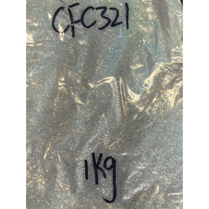 Plastic bag with iridescent white glitter labeled CFC321 1KG from Sparkly Light Pink Glitter Collection