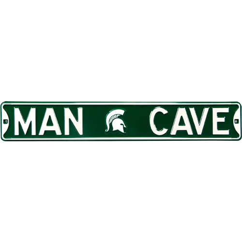 Green and white Spartan Helmet authentic street sign for man cave on black background