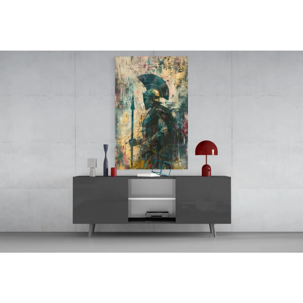 Modern gray sideboard under Spartan Warrior black gold wall art print