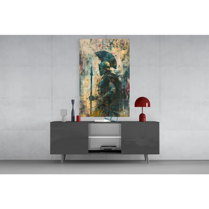 Modern gray sideboard under Spartan Warrior black gold wall art print