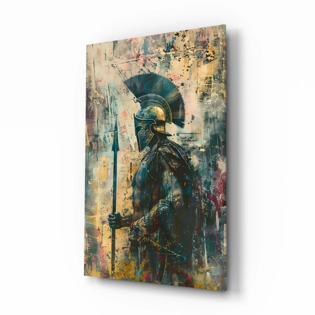 Black Spartan warrior wall art with bronze helmet and shield on abstract background