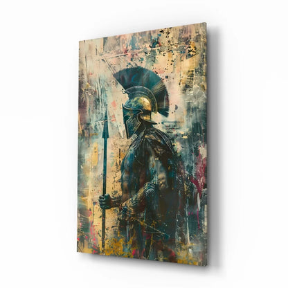 Black Spartan warrior wall art with bronze helmet and shield on abstract background