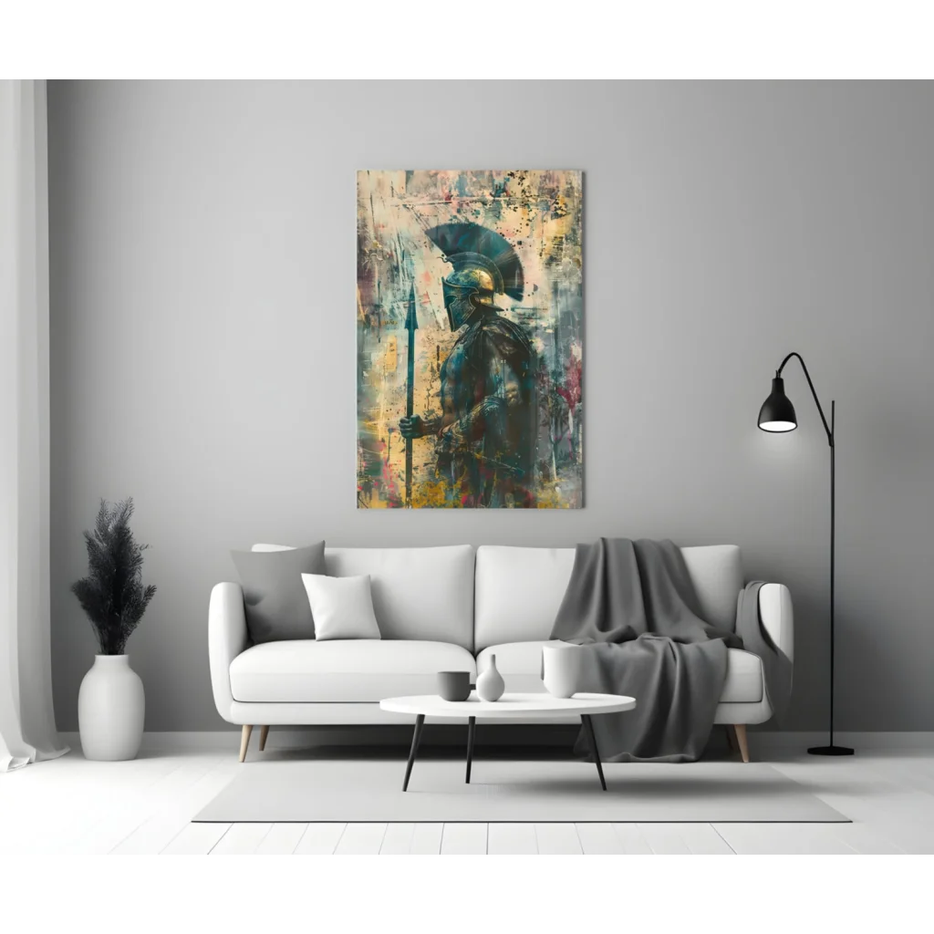 Modern Spartan warrior abstract wall art print with black umbrella figure