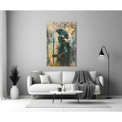 Modern Spartan warrior abstract wall art print with black umbrella figure