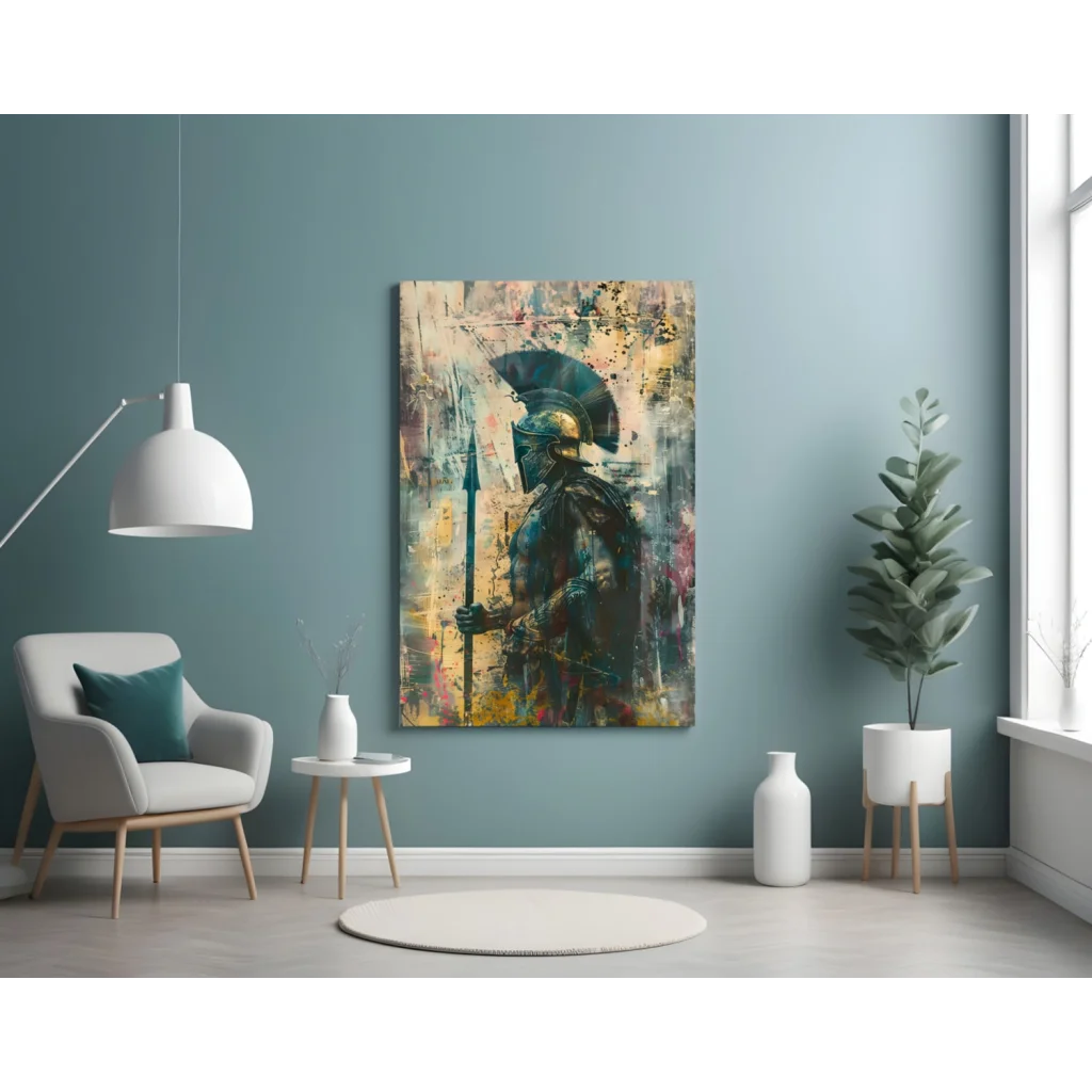 Modern Spartan warrior abstract canvas wall art print in black gold tones