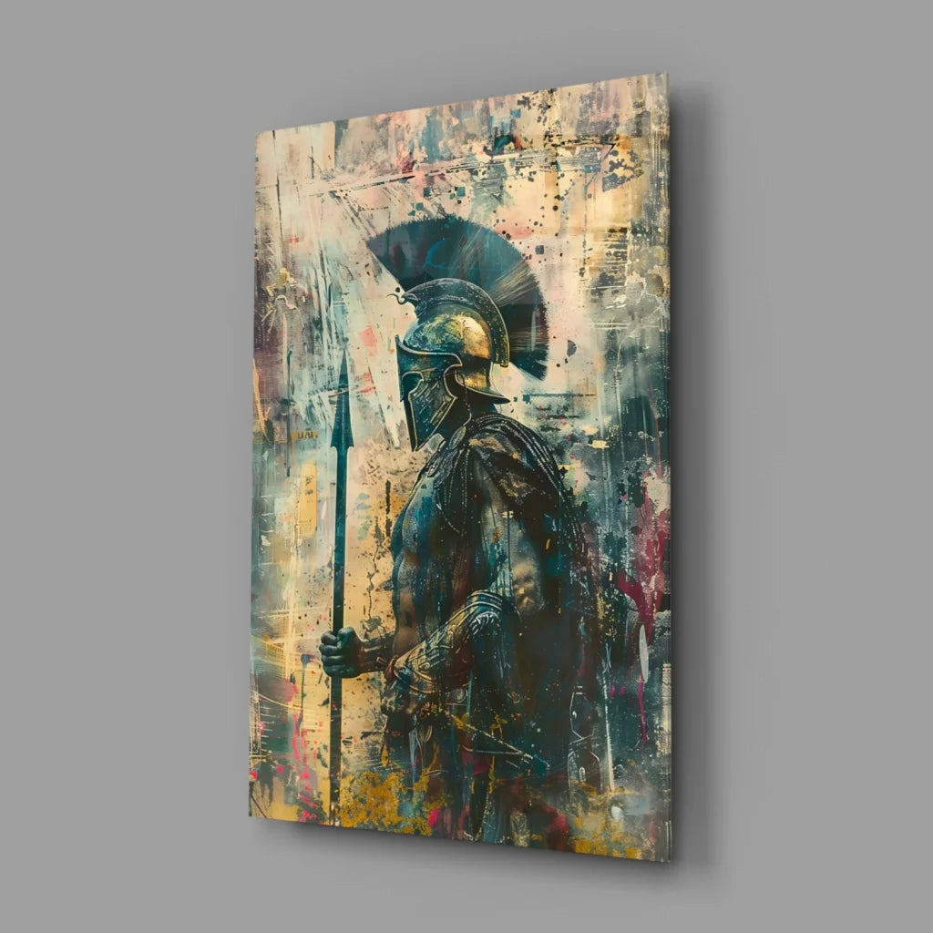Spartan warrior canvas wall art print in black gold armor on abstract background