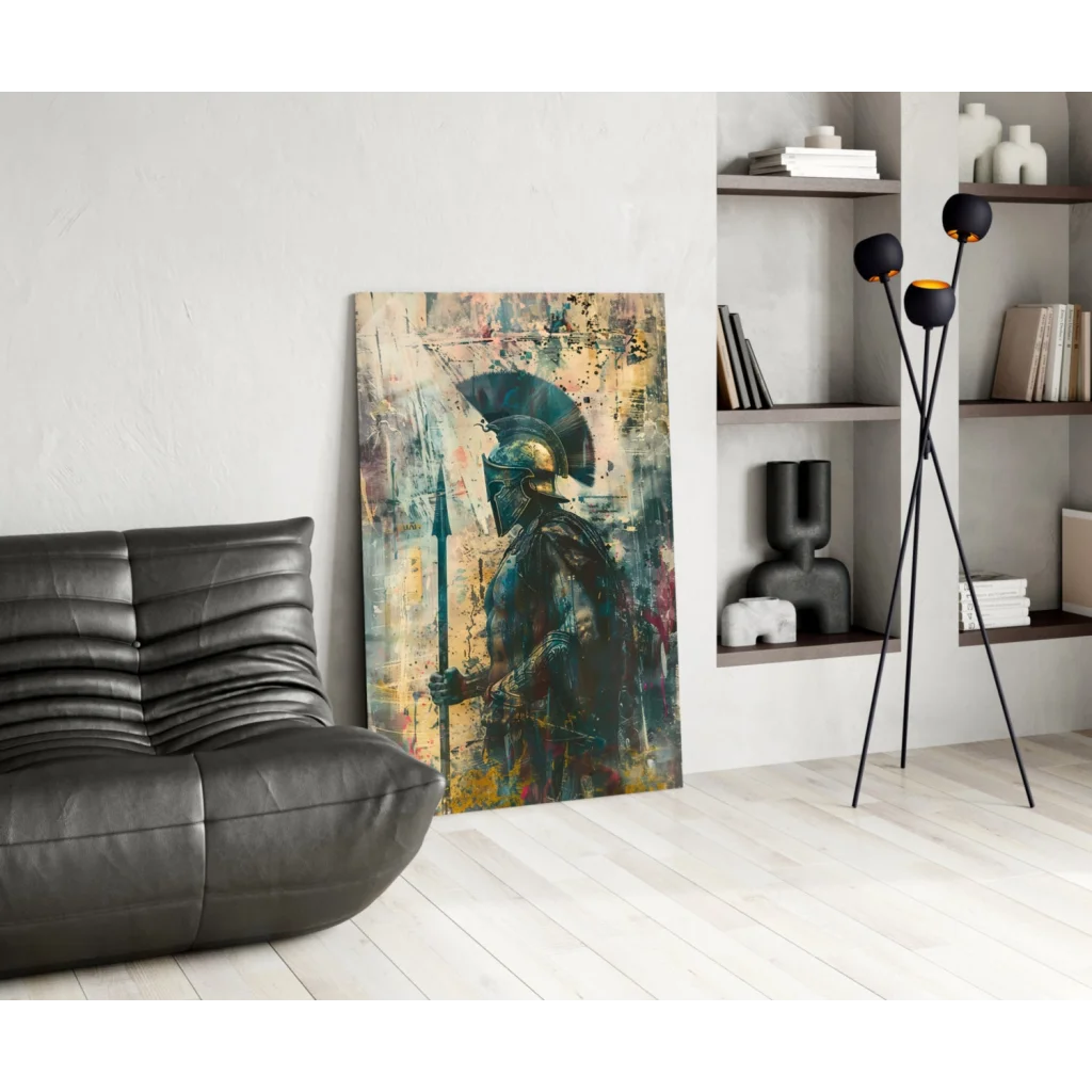 Spartan warrior abstract wall art print in teal gold on textured canvas