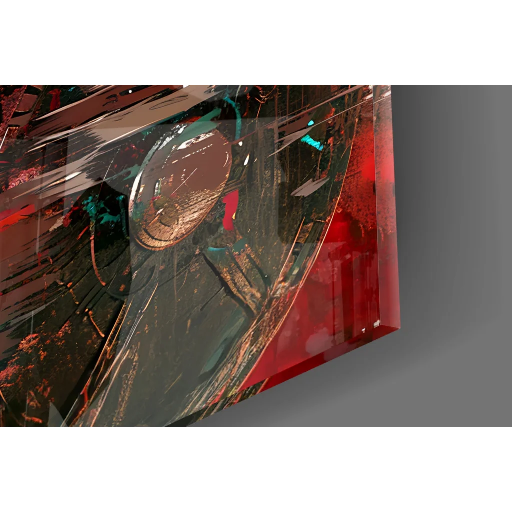 Spartan Warrior wall art with bold red abstract design on glass