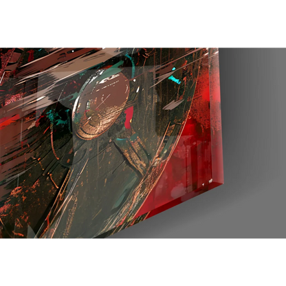 Spartan Warrior wall art with bold red abstract design on glass