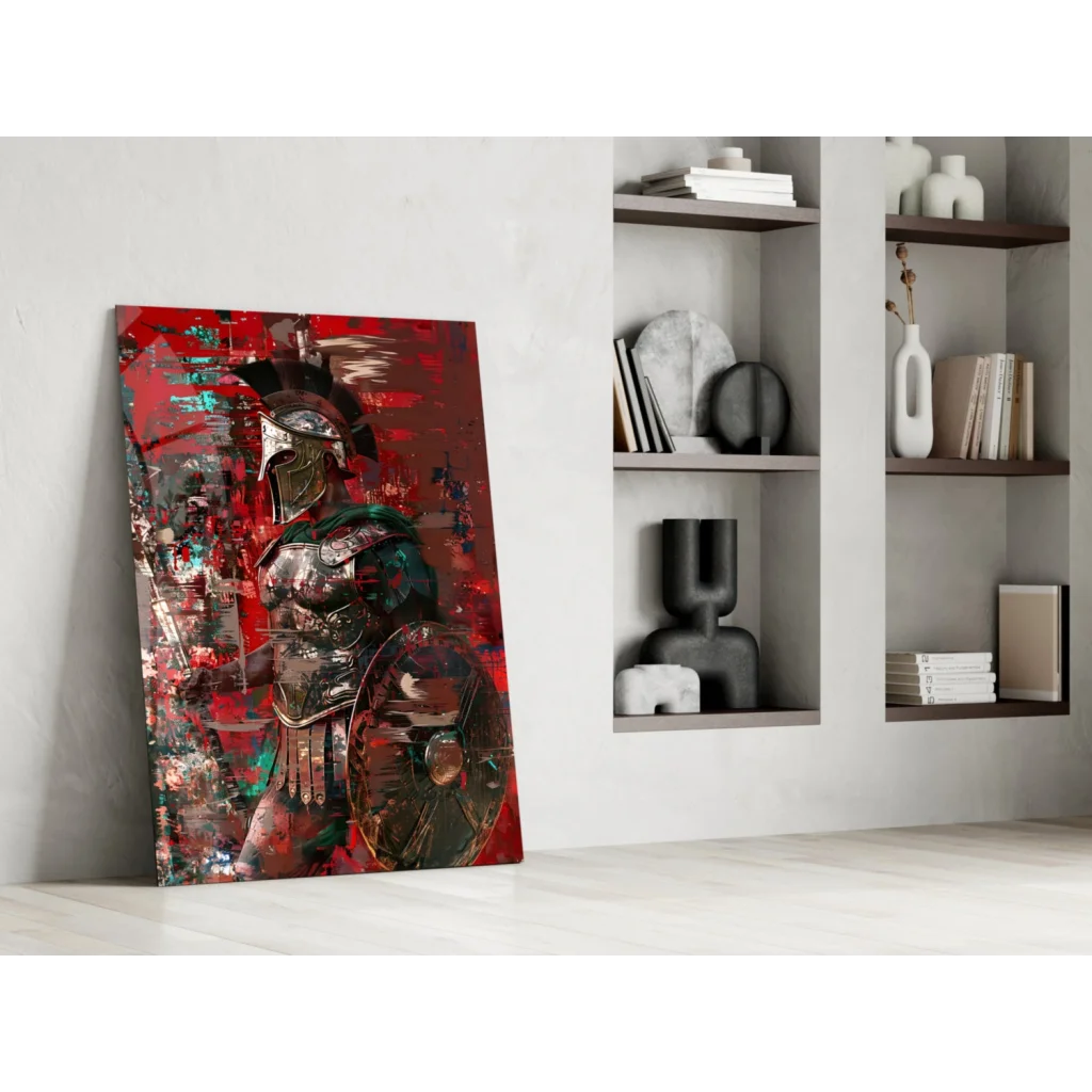 Bold red and black samurai armor glass wall art canvas print