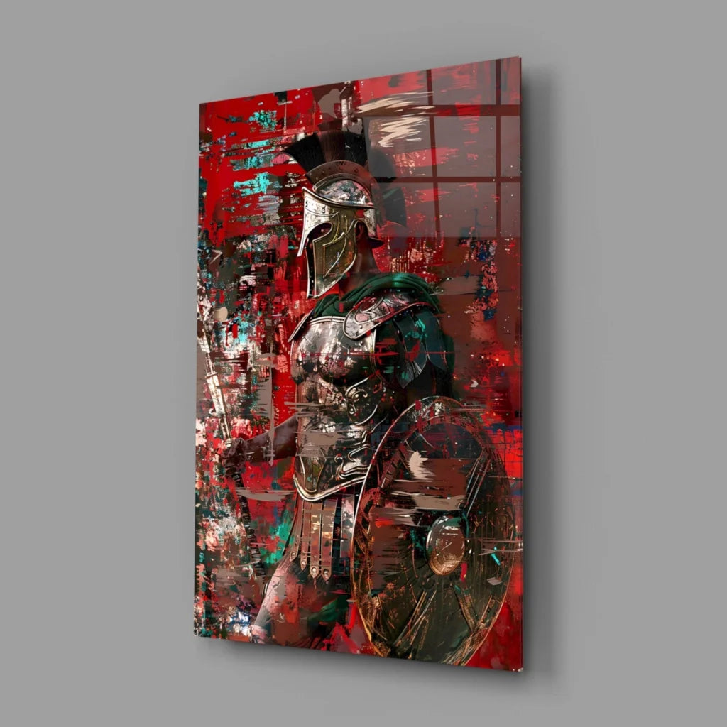 Spartan warrior canvas wall art with bold red black abstract design