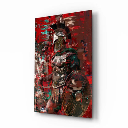 Spartan warrior canvas wall art with bold red green accents