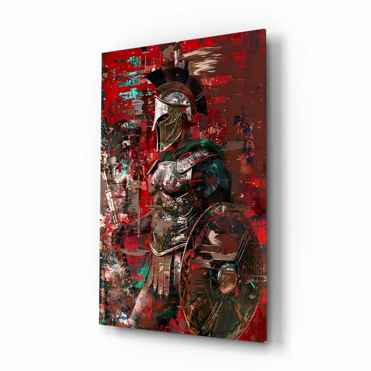 Spartan warrior canvas wall art with bold red green accents