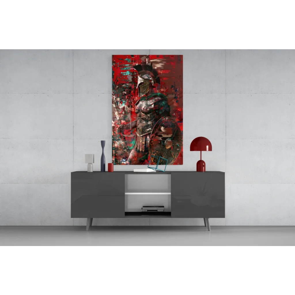 Bold red abstract Spartan warrior wall art with metallic accents