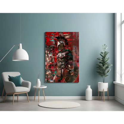Bold red and black Spartan warrior abstract wall art print with metallic accents