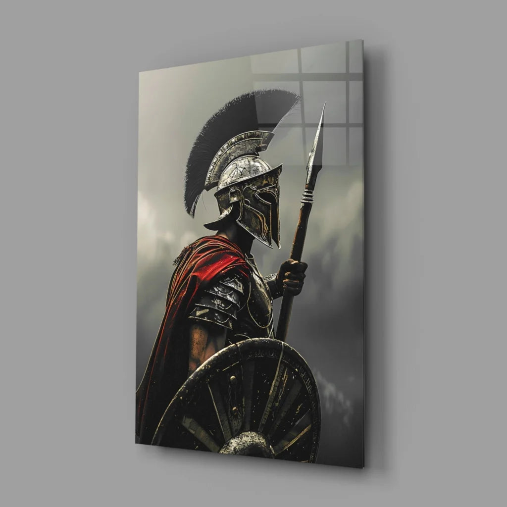 Spartan Warrior canvas wall art with metallic helmet and black plume