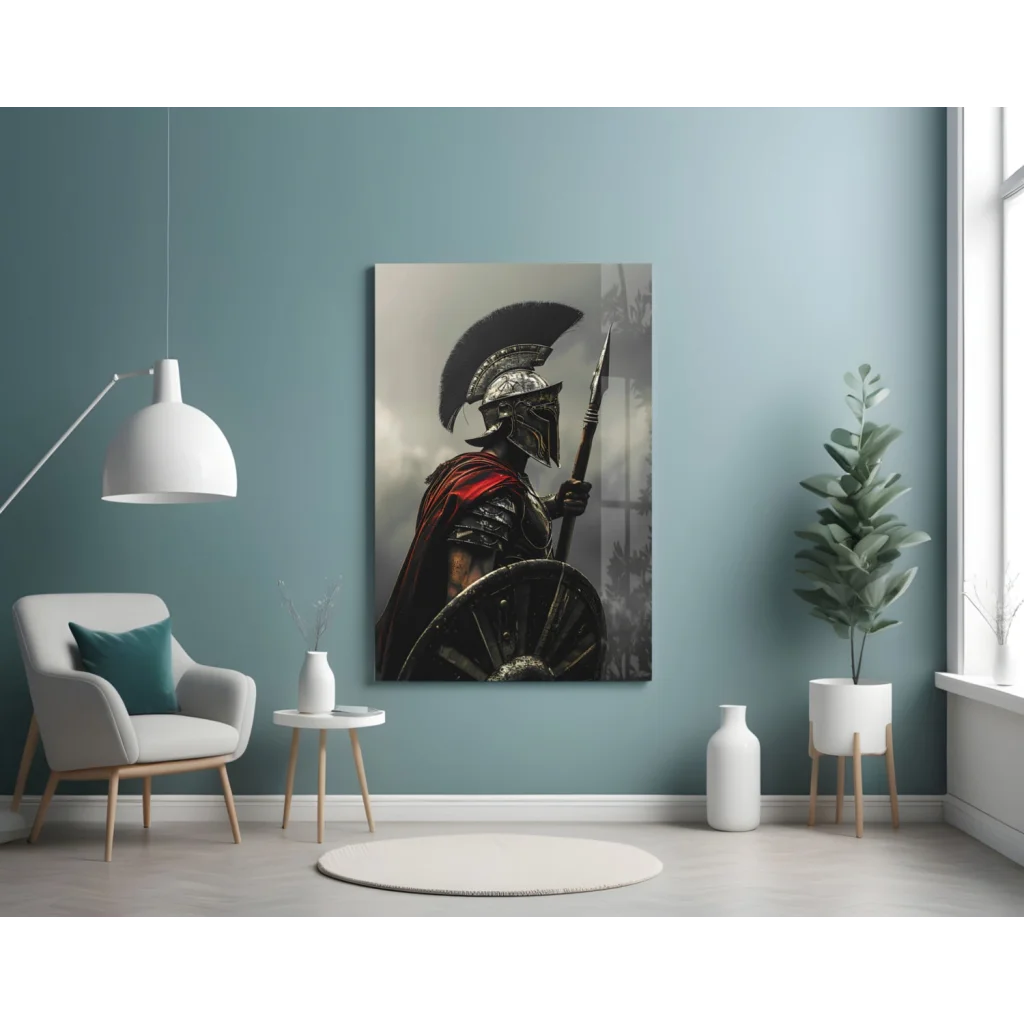 Striking Spartan warrior canvas wall art with metallic helmet