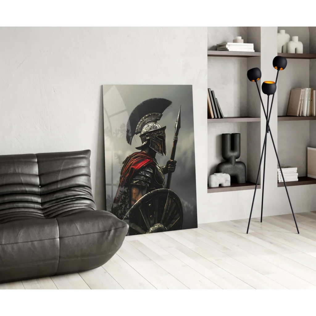 Black and silver Spartan warrior wall art canvas with red cape and metallic helmet