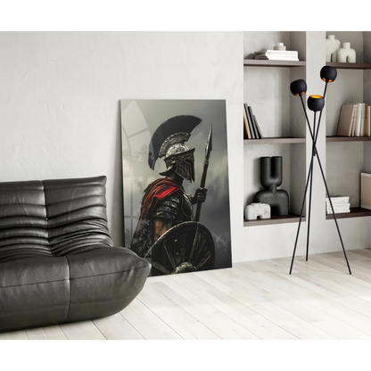 Black and silver Spartan warrior wall art canvas with red cape and metallic helmet